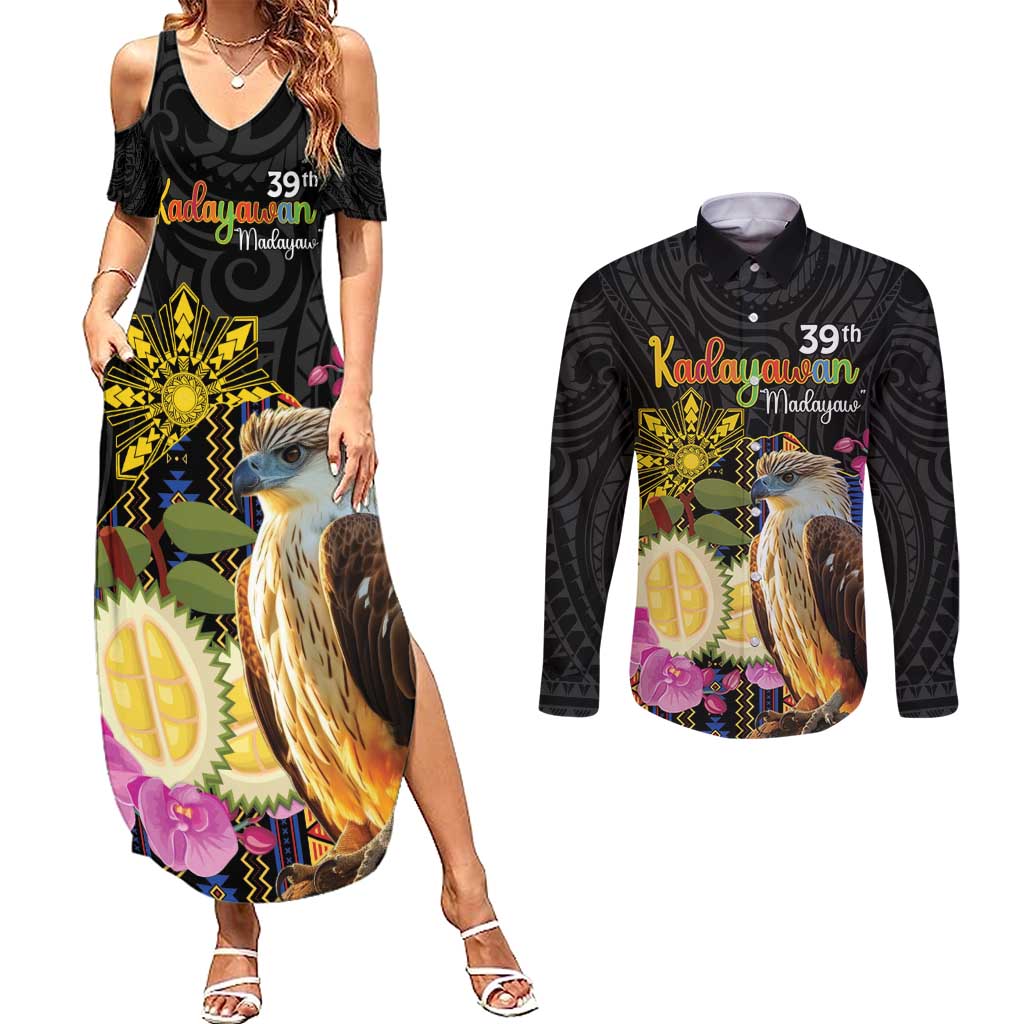Kadayawan Philippines Couples Matching Summer Maxi Dress and Long Sleeve Button Shirt Filipino Eagle Happy 39th Anniversary LT14 Black - Polynesian Pride