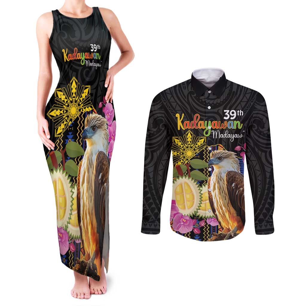 Kadayawan Philippines Couples Matching Tank Maxi Dress and Long Sleeve Button Shirt Filipino Eagle Happy 39th Anniversary LT14 Black - Polynesian Pride