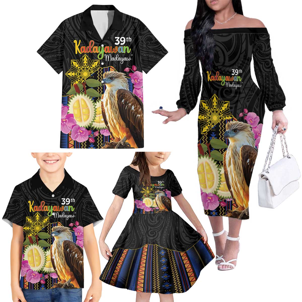 Kadayawan Philippines Family Matching Off The Shoulder Long Sleeve Dress and Hawaiian Shirt Filipino Eagle Happy 39th Anniversary LT14 - Polynesian Pride