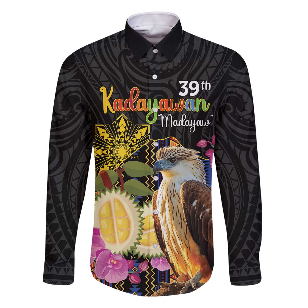 Kadayawan Philippines Family Matching Off The Shoulder Long Sleeve Dress and Hawaiian Shirt Filipino Eagle Happy 39th Anniversary LT14 Dad's Shirt - Long Sleeve Black - Polynesian Pride
