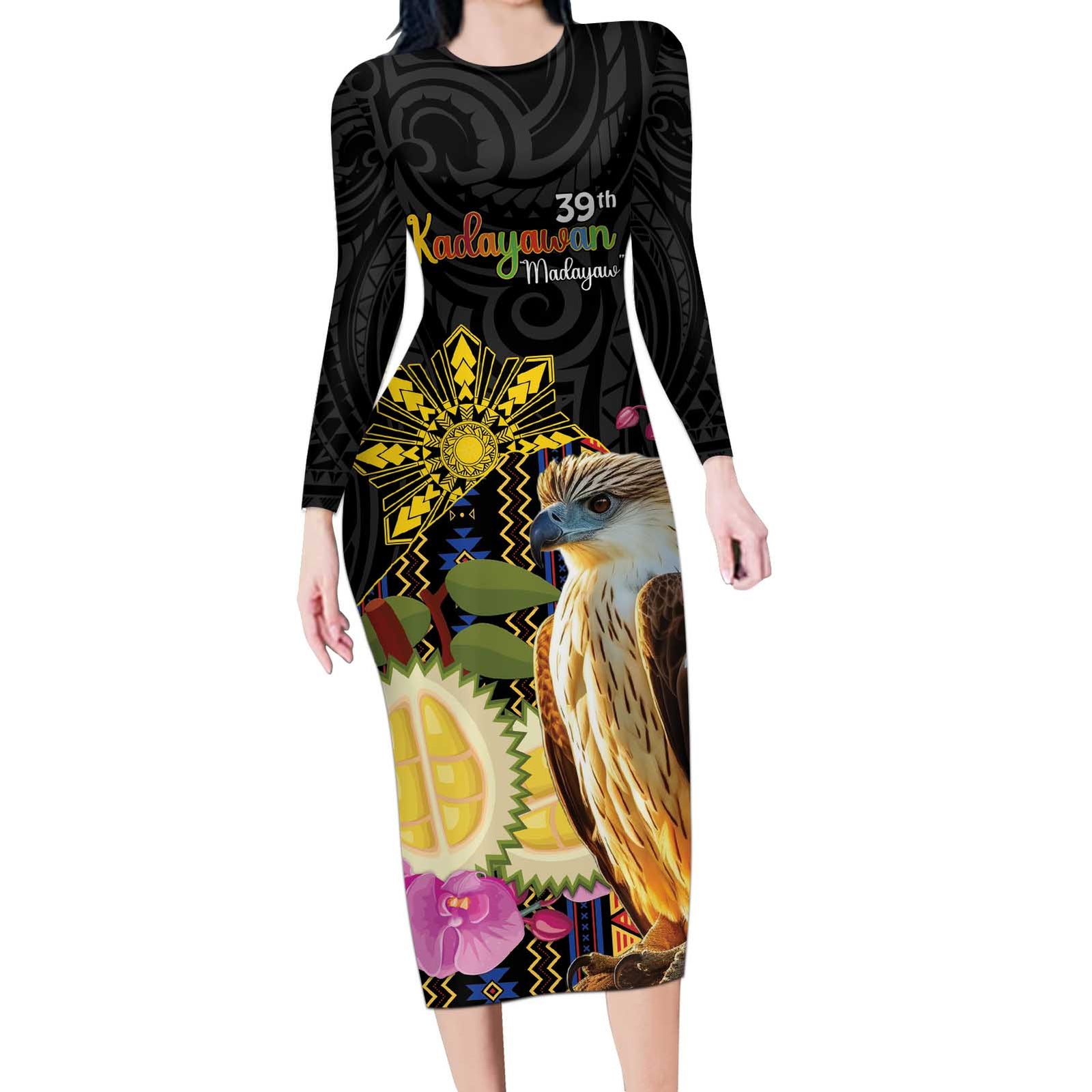 Kadayawan Philippines Long Sleeve Bodycon Dress Filipino Eagle Happy 39th Anniversary LT14 Long Dress Black - Polynesian Pride