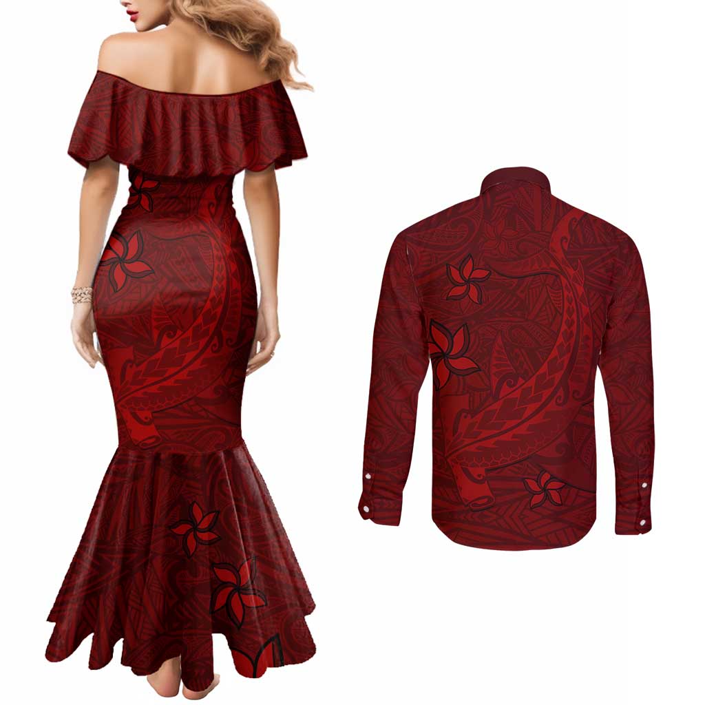 Oxblood Polynesia Couples Matching Mermaid Dress and Long Sleeve Button Shirt Hawaiian Tribal Hammerhead Shark Tattoo