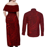 Oxblood Polynesia Couples Matching Off Shoulder Maxi Dress and Long Sleeve Button Shirt Hawaiian Tribal Hammerhead Shark Tattoo