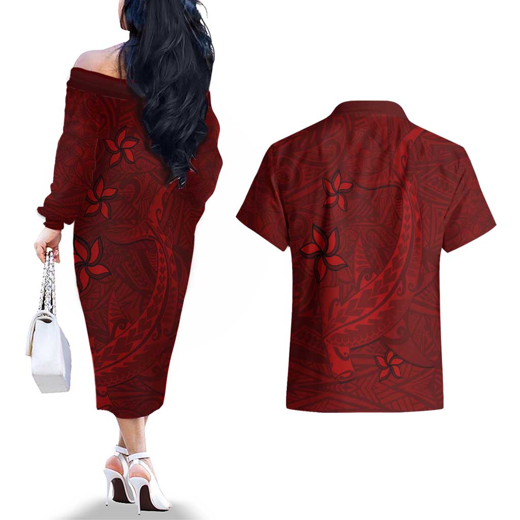 Oxblood Polynesia Couples Matching Off The Shoulder Long Sleeve Dress and Hawaiian Shirt Hawaiian Tribal Hammerhead Shark Tattoo