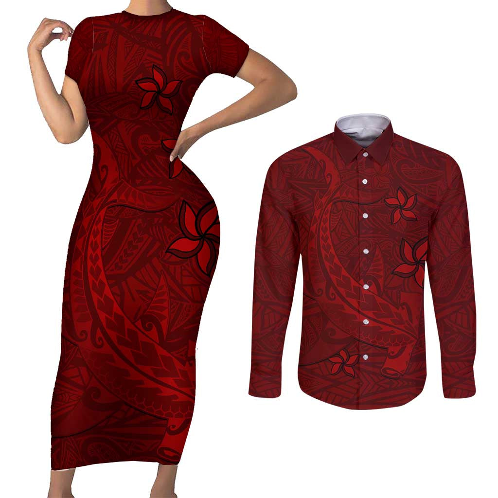 Oxblood Polynesia Couples Matching Short Sleeve Bodycon Dress and Long Sleeve Button Shirt Hawaiian Tribal Hammerhead Shark Tattoo LT14