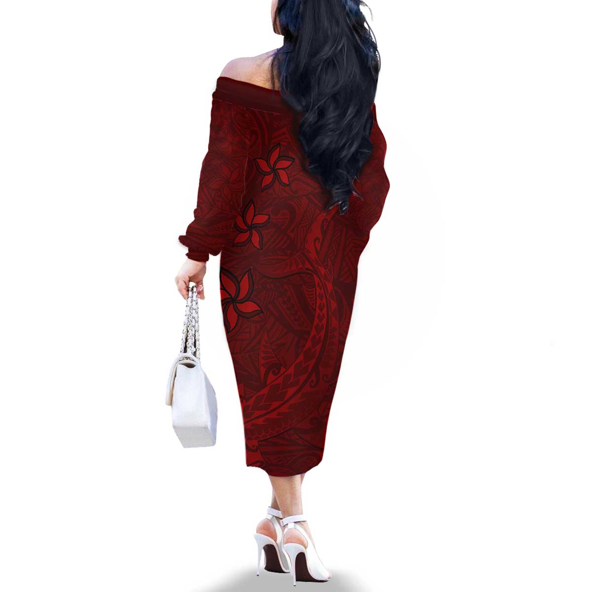 Oxblood Polynesia Family Matching Off The Shoulder Long Sleeve Dress and Hawaiian Shirt Hawaiian Tribal Hammerhead Shark Tattoo LT14 - Polynesian Pride