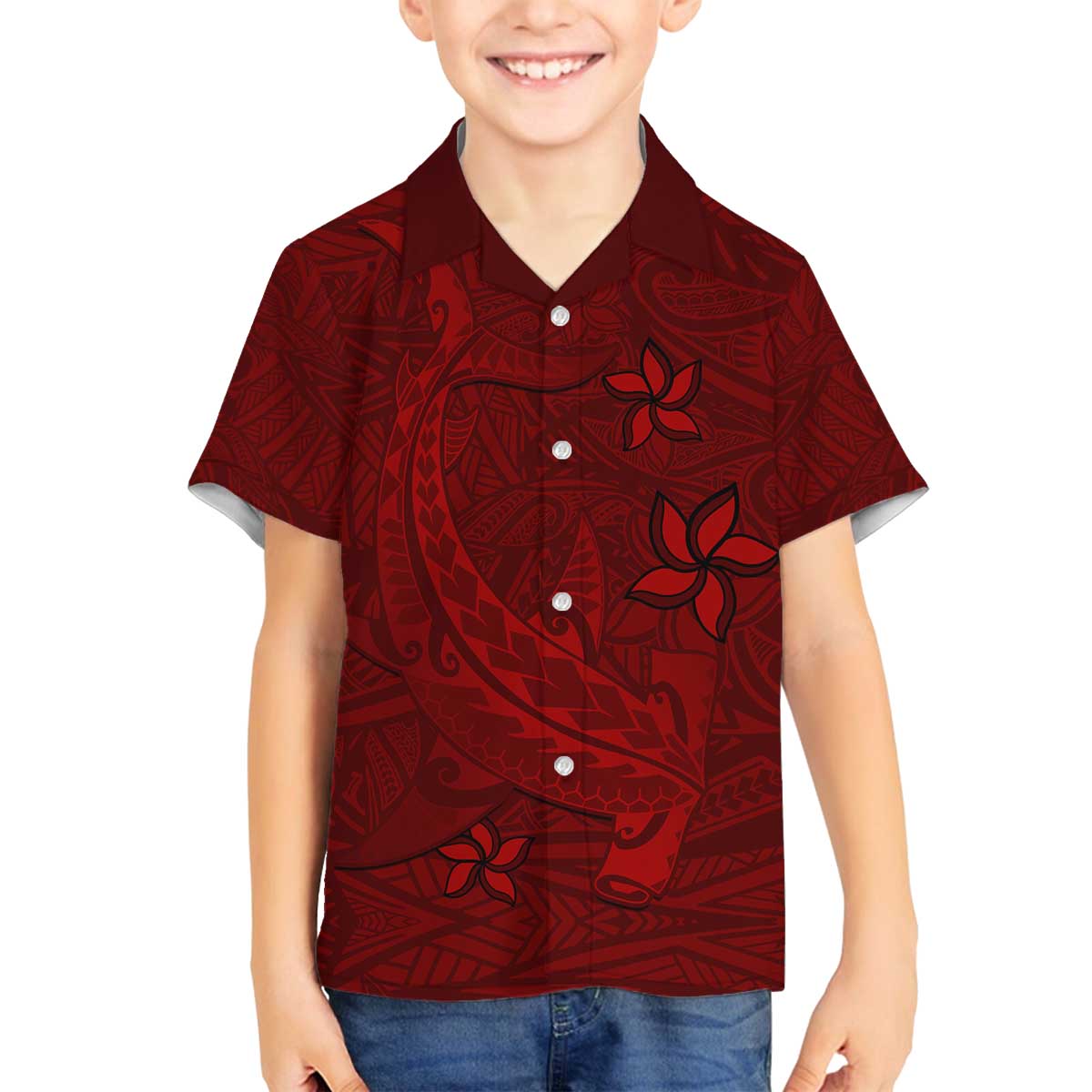 Oxblood Polynesia Family Matching Off The Shoulder Long Sleeve Dress and Hawaiian Shirt Hawaiian Tribal Hammerhead Shark Tattoo LT14 Son's Shirt Oxblood - Polynesian Pride