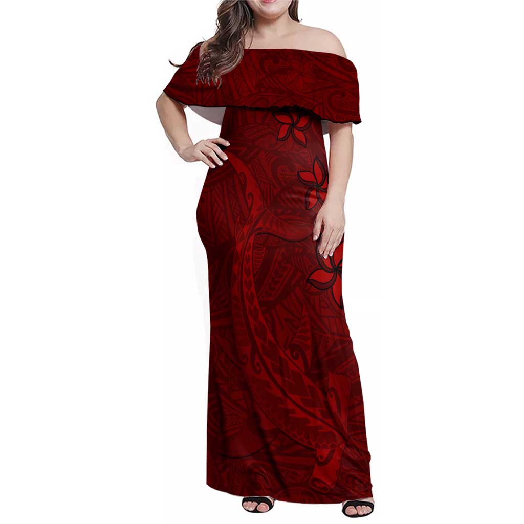 Oxblood Polynesia Family Matching Off Shoulder Maxi Dress and Hawaiian Shirt Hawaiian Tribal Hammerhead Shark Tattoo