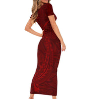 Oxblood Polynesia Short Sleeve Bodycon Dress Hawaiian Tribal Hammerhead Shark Tattoo