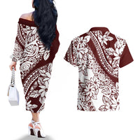 Polynesian Tropical Flowers Oxblood Color Couples Matching Off The Shoulder Long Sleeve Dress and Hawaiian Shirt