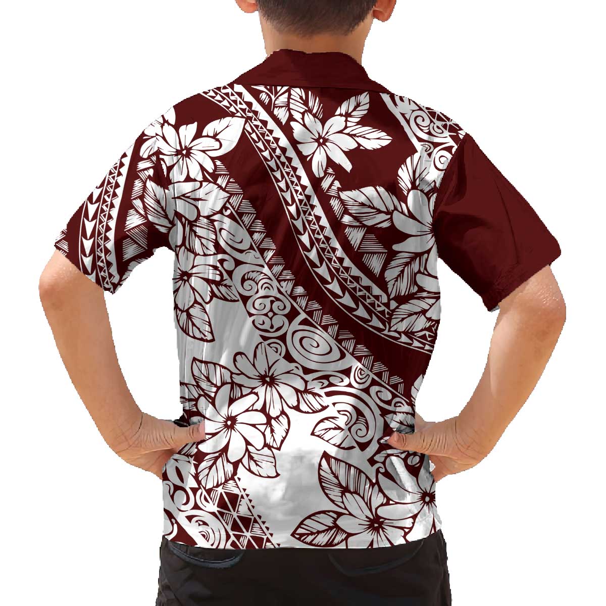 Polynesian Tropical Flowers Oxblood Color Family Matching Off The Shoulder Long Sleeve Dress and Hawaiian Shirt LT14 - Polynesian Pride