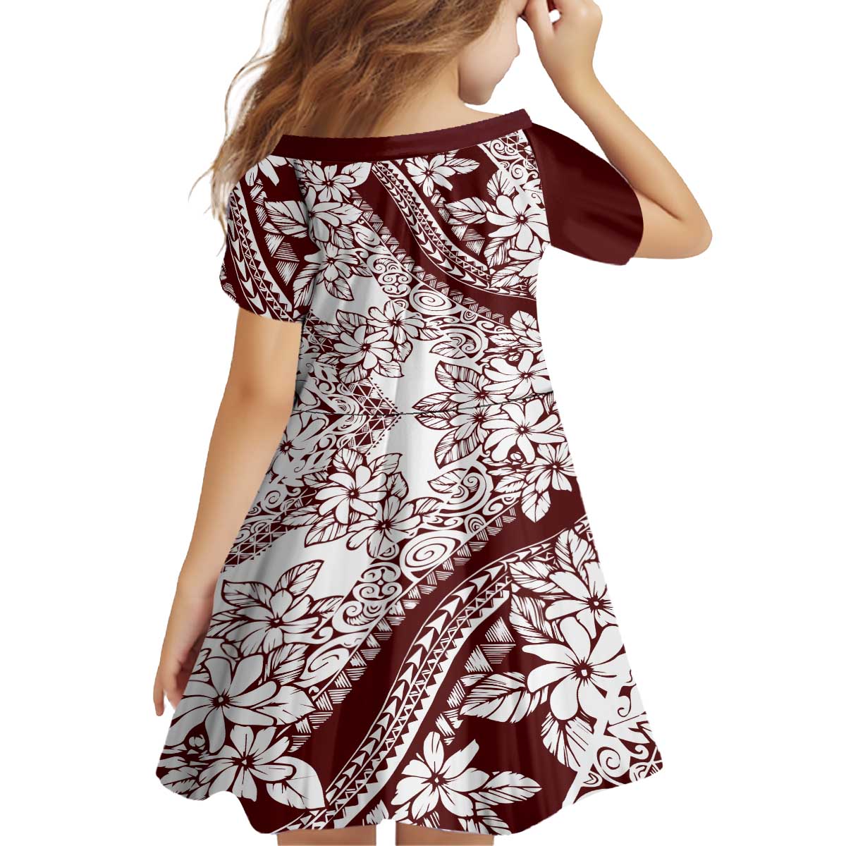 Polynesian Tropical Flowers Oxblood Color Family Matching Off The Shoulder Long Sleeve Dress and Hawaiian Shirt LT14 - Polynesian Pride