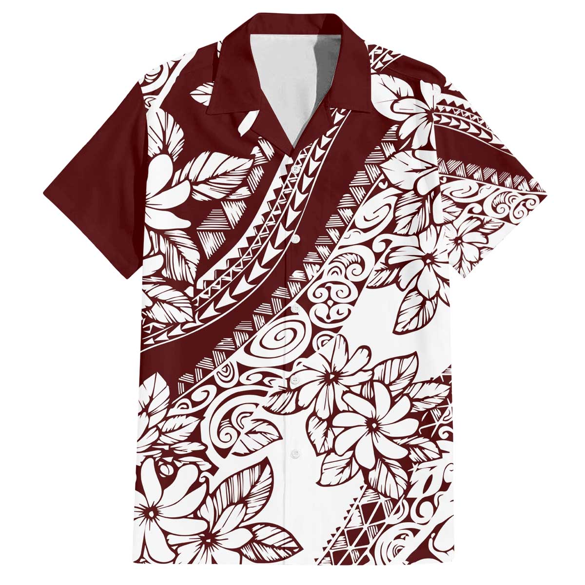 Polynesian Tropical Flowers Oxblood Color Family Matching Off The Shoulder Long Sleeve Dress and Hawaiian Shirt LT14 Dad's Shirt - Short Sleeve Oxblood - Polynesian Pride