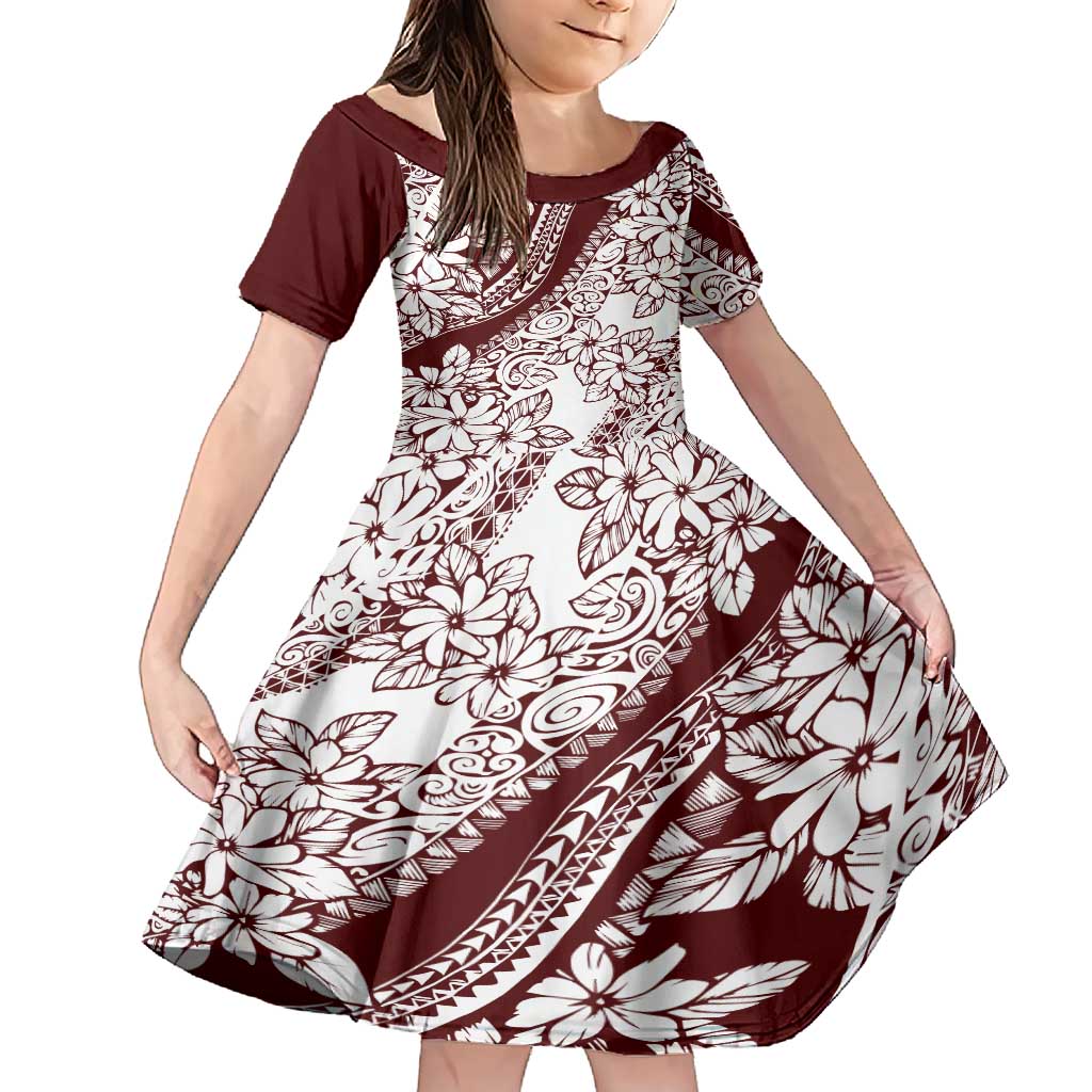 Polynesian Tropical Flowers Oxblood Color Family Matching Short Sleeve Bodycon Dress and Hawaiian Shirt