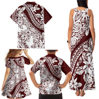 Polynesian Tropical Flowers Oxblood Color Family Matching Tank Maxi Dress and Hawaiian Shirt
