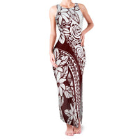 Polynesian Tropical Flowers Oxblood Color Family Matching Tank Maxi Dress and Hawaiian Shirt