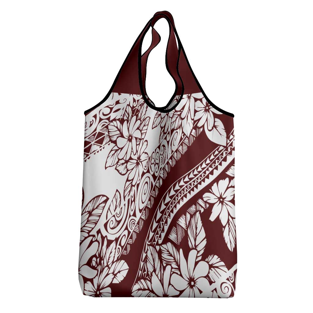 Polynesian Tropical Flowers Oxblood Color Grocery Bag