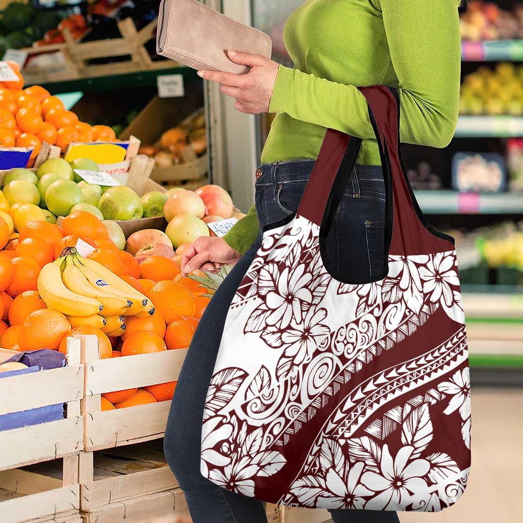 Polynesian Tropical Flowers Oxblood Color Grocery Bag
