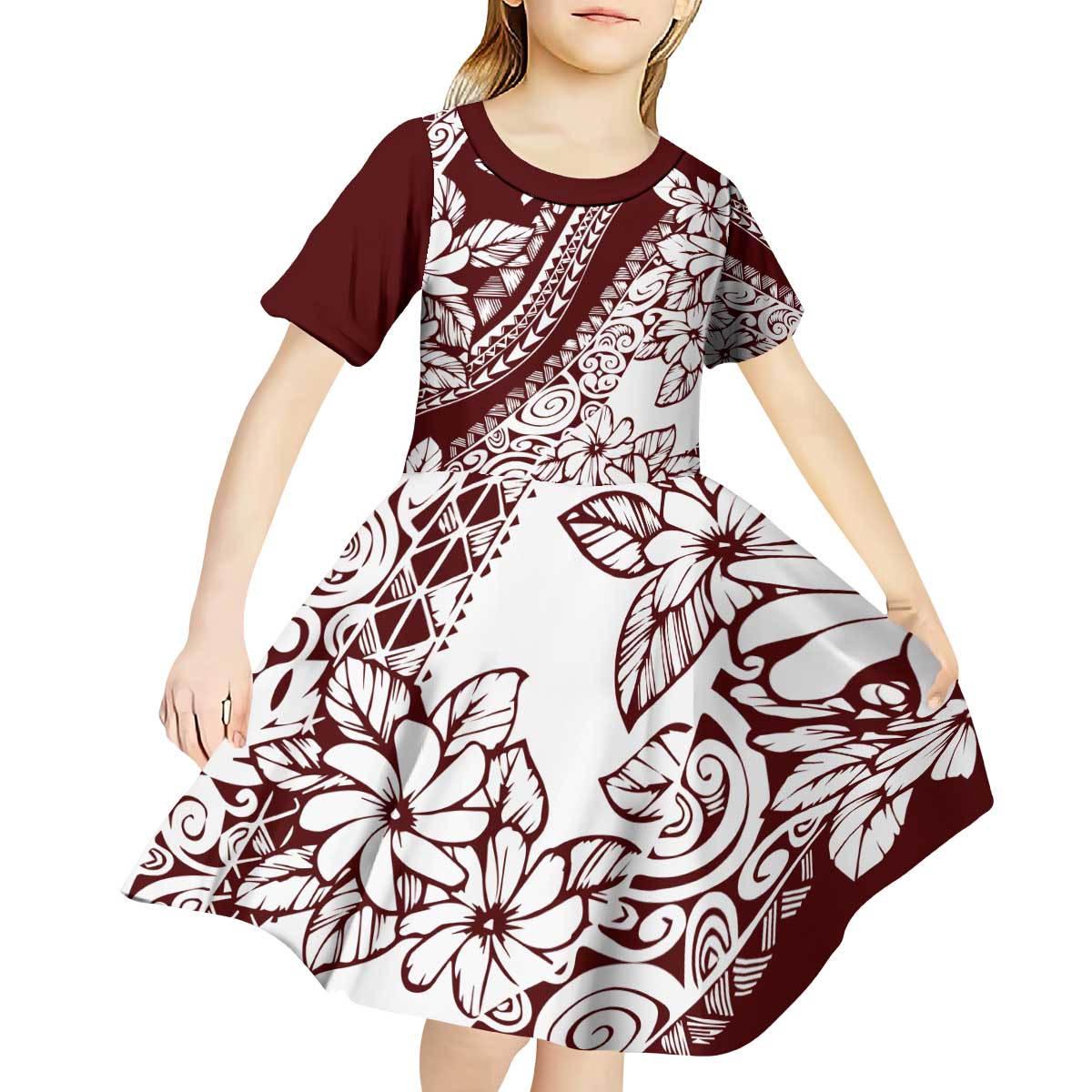 Polynesian Tropical Flowers Oxblood Color Kid Short Sleeve Dress