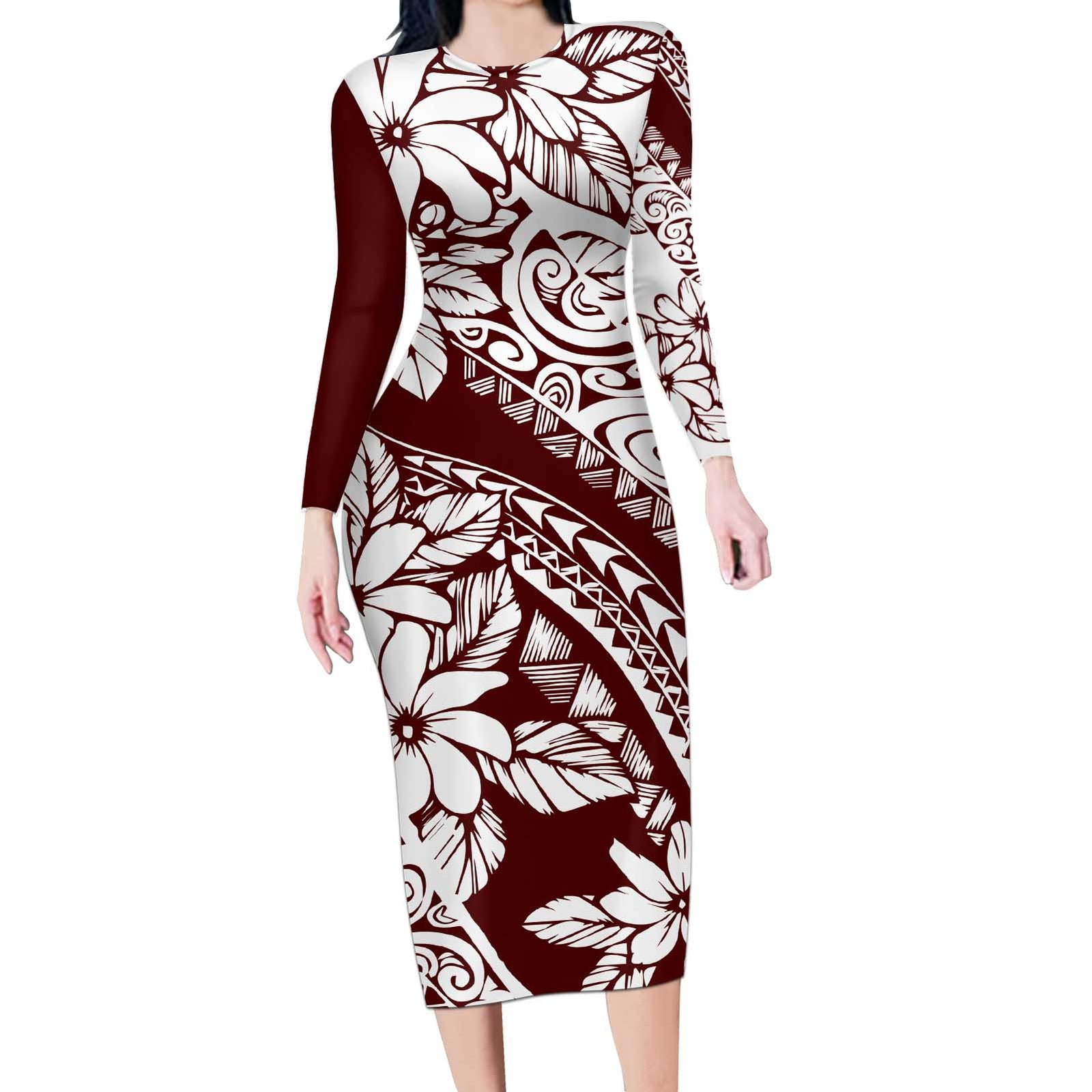 Polynesian Tropical Flowers Oxblood Color Long Sleeve Bodycon Dress LT14 Long Dress Oxblood - Polynesian Pride