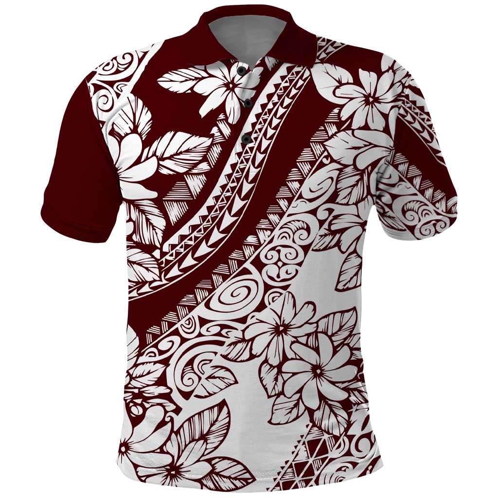 Polynesian Tropical Flowers Oxblood Color Polo Shirt
