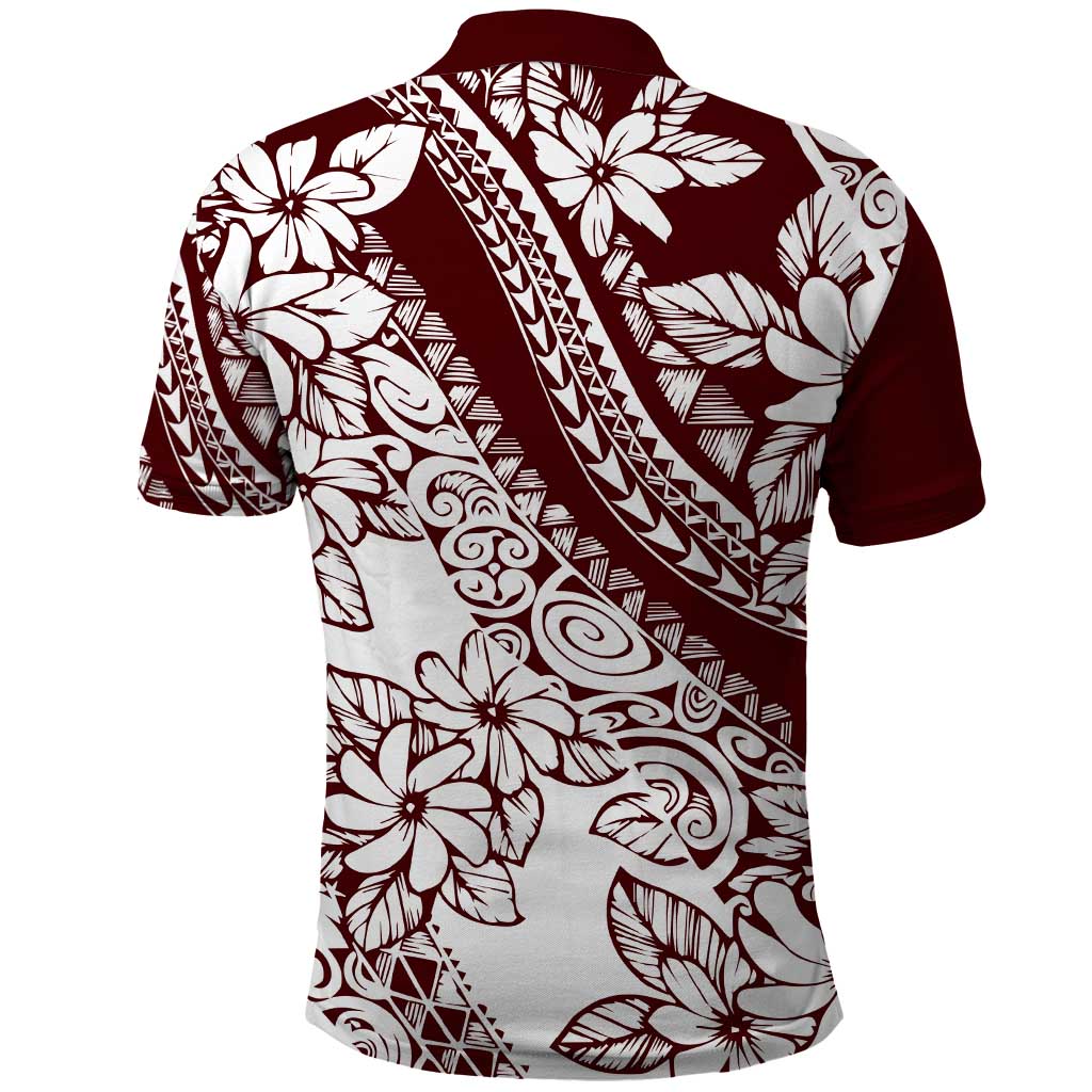 Polynesian Tropical Flowers Oxblood Color Polo Shirt
