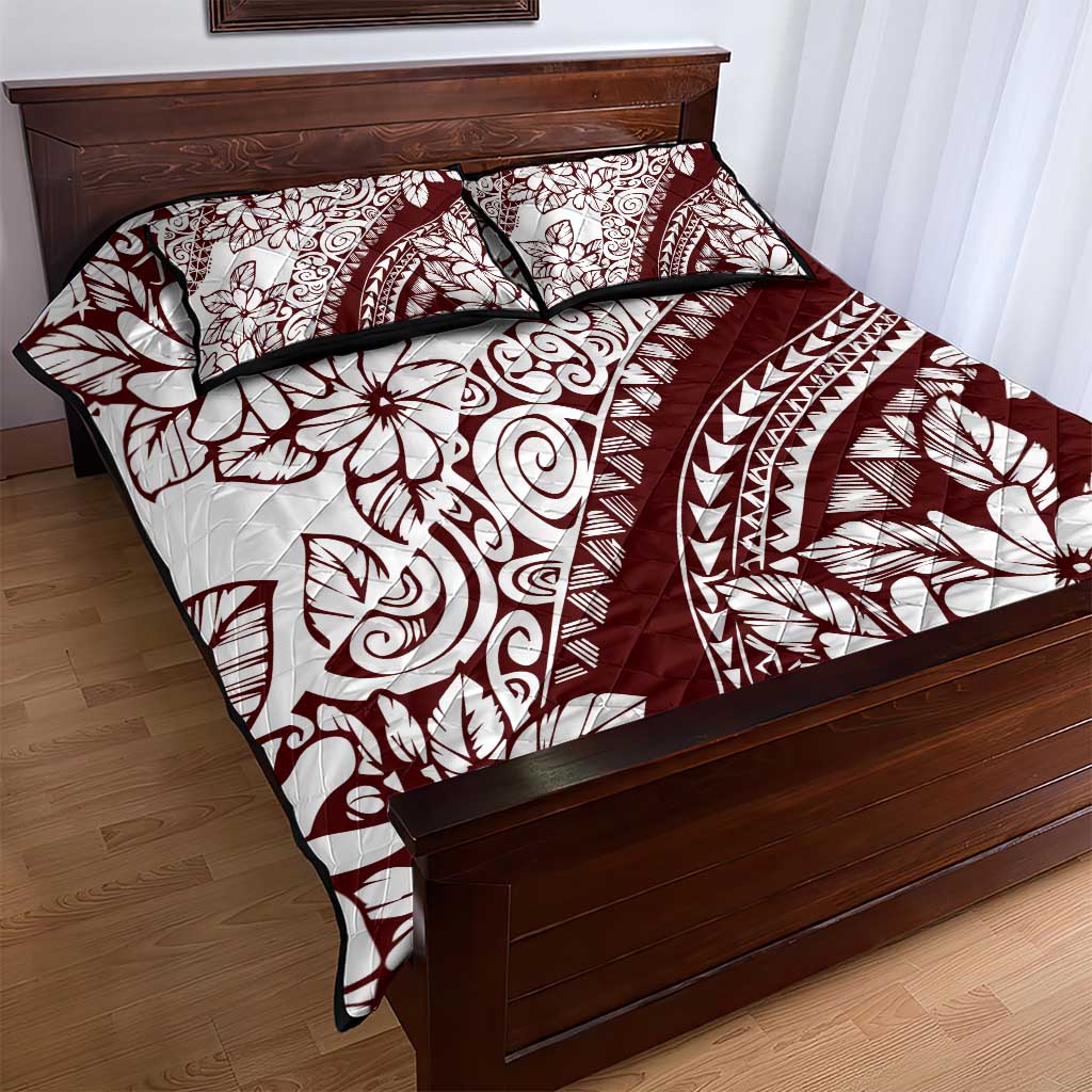 Polynesian Tropical Flowers Oxblood Color Quilt Bed Set
