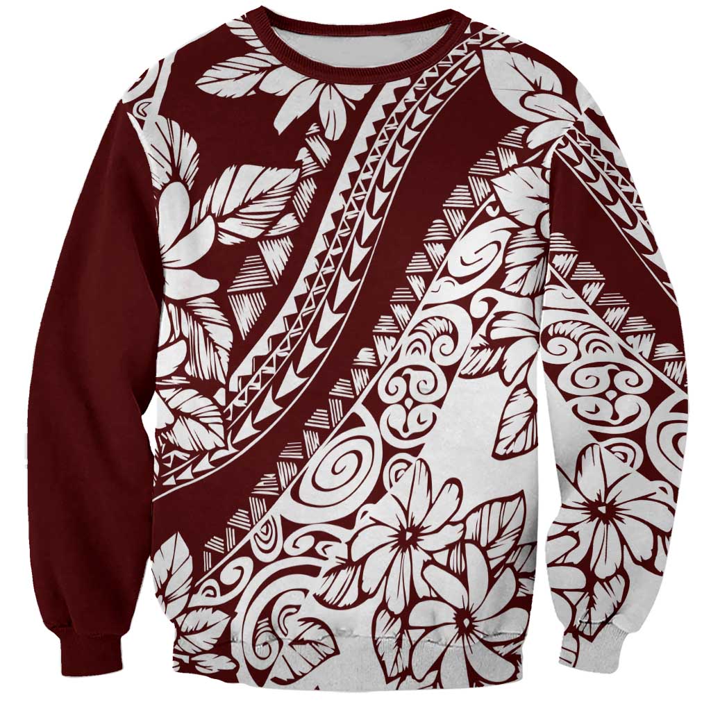 Polynesian Tropical Flowers Oxblood Color Sweatshirt