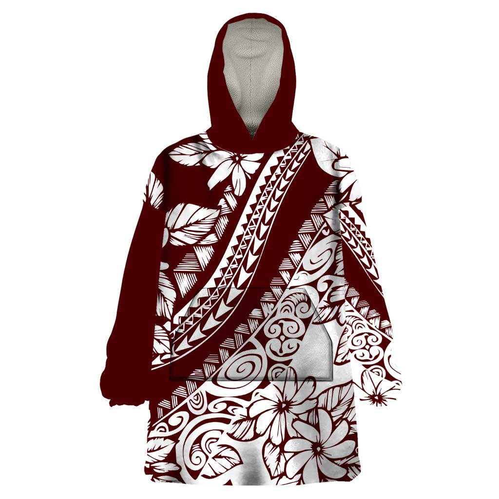 Polynesian Tropical Flowers Oxblood Color Wearable Blanket Hoodie LT14 One Size Oxblood - Polynesian Pride
