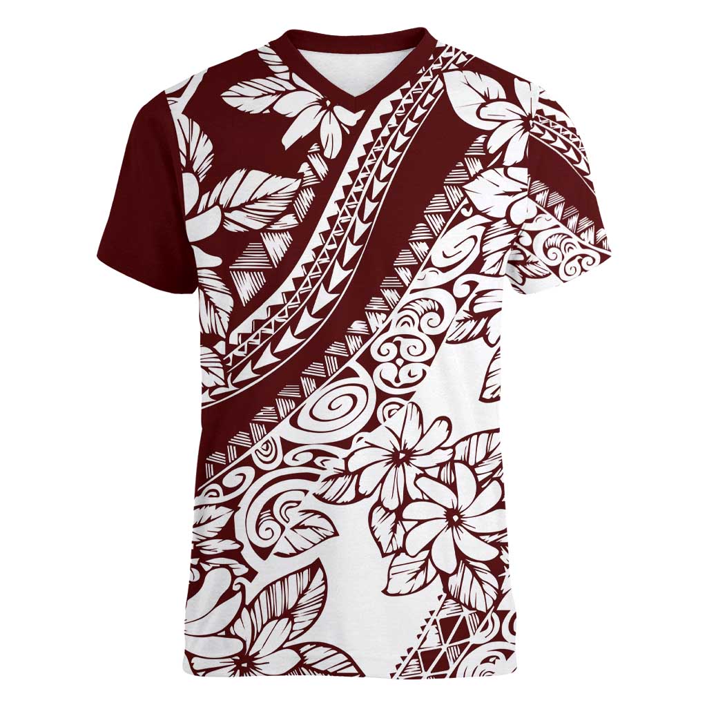 Polynesian Tropical Flowers Oxblood Color Women V-Neck T-Shirt LT14 Female Oxblood - Polynesian Pride