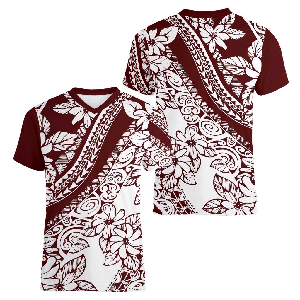 Polynesian Tropical Flowers Oxblood Color Women V-Neck T-Shirt