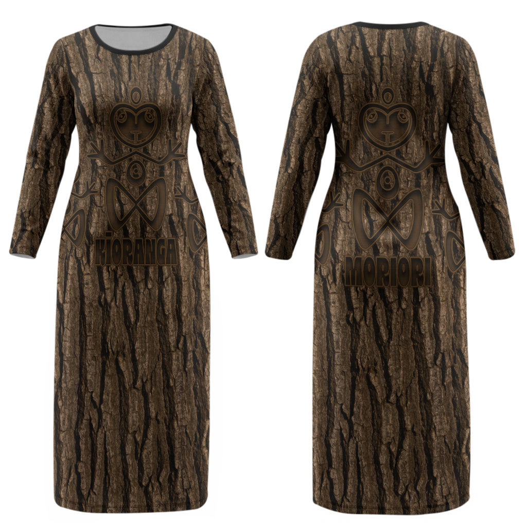 Kioranga Moriori New Zealand Couples Matching Long Sleeve Bodycon Dress and Hawaiian Shirt Kopi Rakau Carving Art