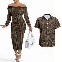 Kioranga Moriori New Zealand Couples Matching Off The Shoulder Long Sleeve Dress and Hawaiian Shirt Kopi Rakau Carving Art