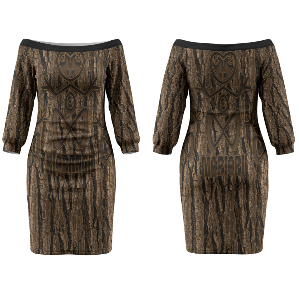 Kioranga Moriori New Zealand Couples Matching Off The Shoulder Long Sleeve Dress and Hawaiian Shirt Kopi Rakau Carving Art