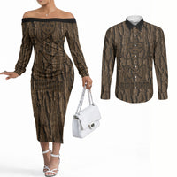Kioranga Moriori New Zealand Couples Matching Off The Shoulder Long Sleeve Dress and Long Sleeve Button Shirt Kopi Rakau Carving Art
