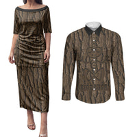 Kioranga Moriori New Zealand Couples Matching Puletasi and Long Sleeve Button Shirt Kopi Rakau Carving Art