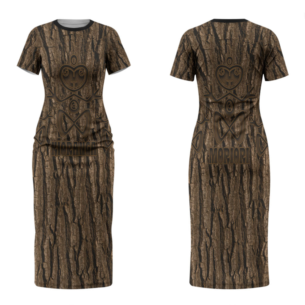 Kioranga Moriori New Zealand Couples Matching Short Sleeve Bodycon Dress and Long Sleeve Button Shirt Kopi Rakau Carving Art