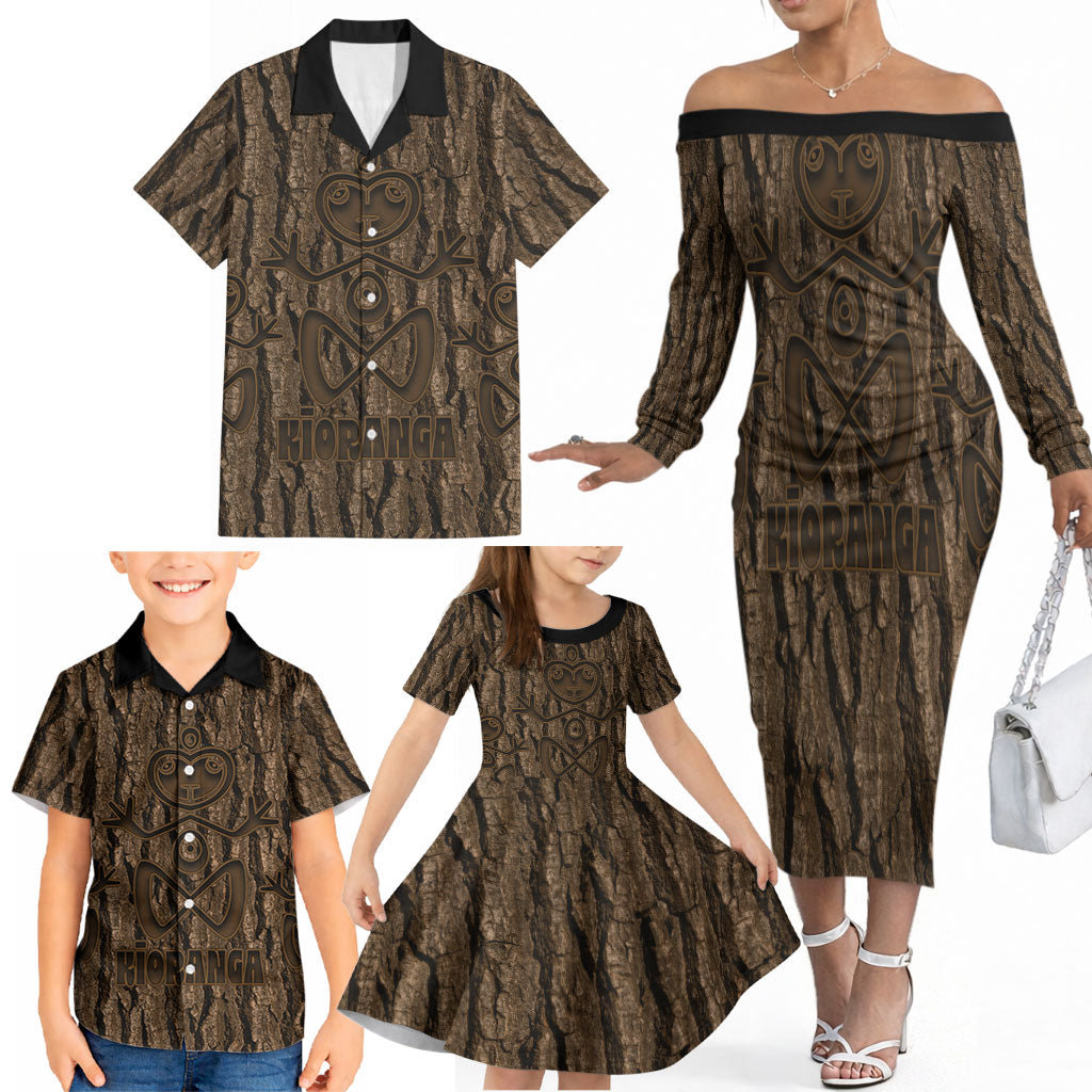 Kioranga Moriori New Zealand Family Matching Off The Shoulder Long Sleeve Dress and Hawaiian Shirt Kopi Rakau Carving Art