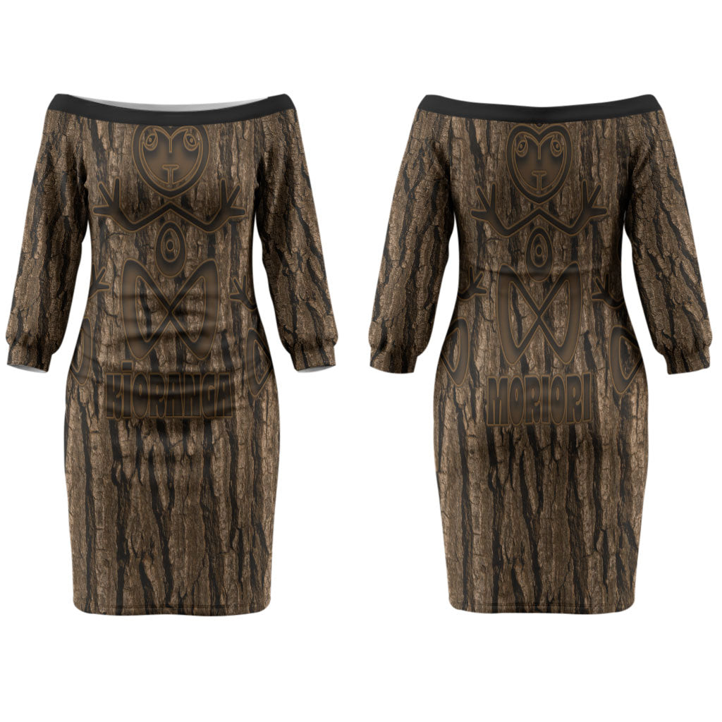 Kioranga Moriori New Zealand Family Matching Off The Shoulder Long Sleeve Dress and Hawaiian Shirt Kopi Rakau Carving Art