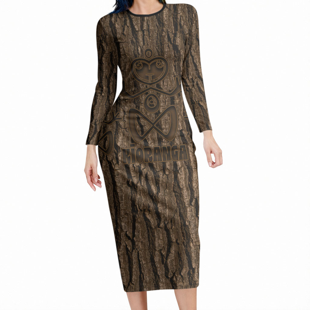 Kioranga Moriori New Zealand Long Sleeve Bodycon Dress Kopi Rakau Carving Art