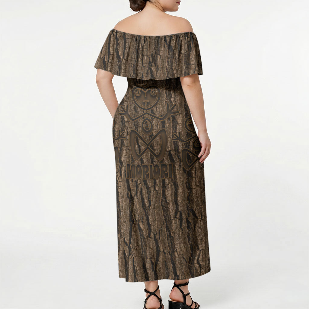 Kioranga Moriori New Zealand Off Shoulder Maxi Dress Kopi Rakau Carving Art
