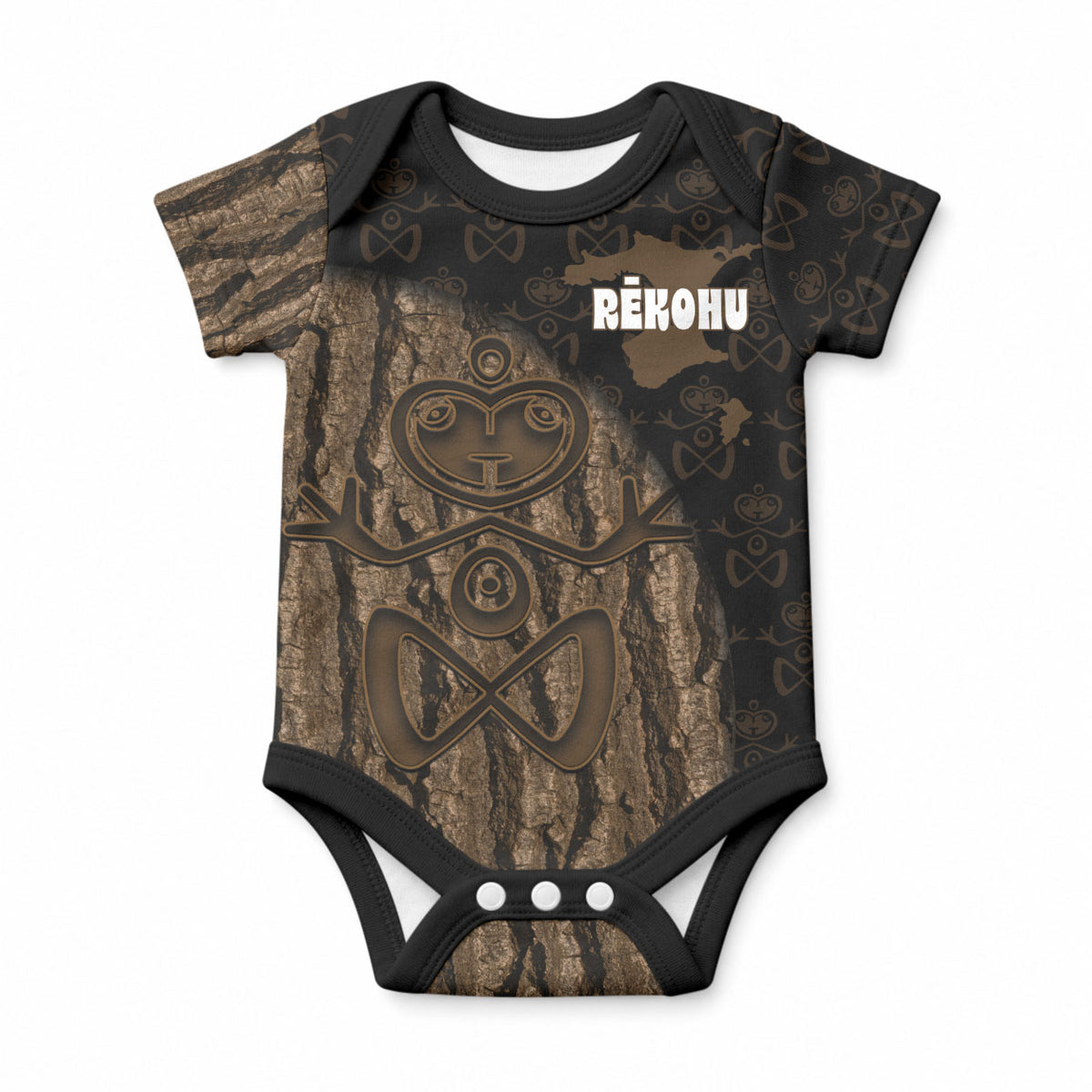 Moriori Kekoru New Zealand Personalised Baby Onesie Kopi Rakau Carving Chatham Islands Map