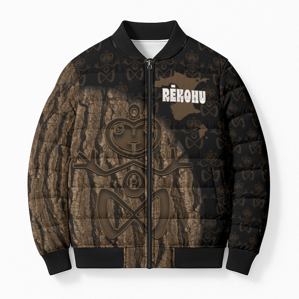 Moriori Kekoru New Zealand Personalised Bomber Puffer Jacket Kopi Rakau Carving Chatham Islands Map