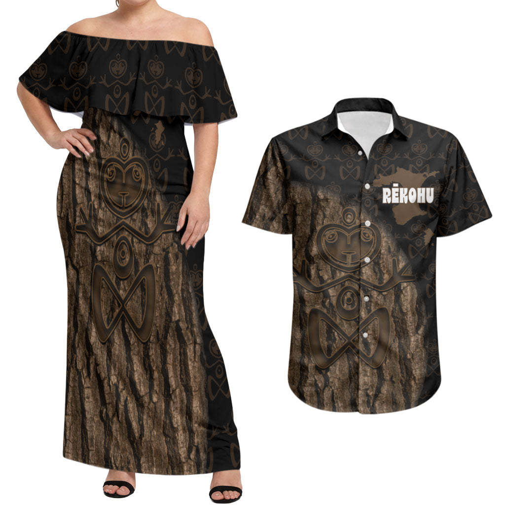 Moriori Kekoru New Zealand Personalised Couples Matching Off Shoulder Maxi Dress and Hawaiian Shirt Kopi Rakau Carving Chatham Islands Map