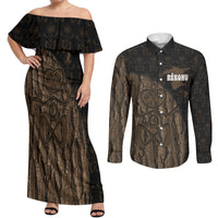 Moriori Kekoru New Zealand Personalised Couples Matching Off Shoulder Maxi Dress and Long Sleeve Button Shirt Kopi Rakau Carving Chatham Islands Map