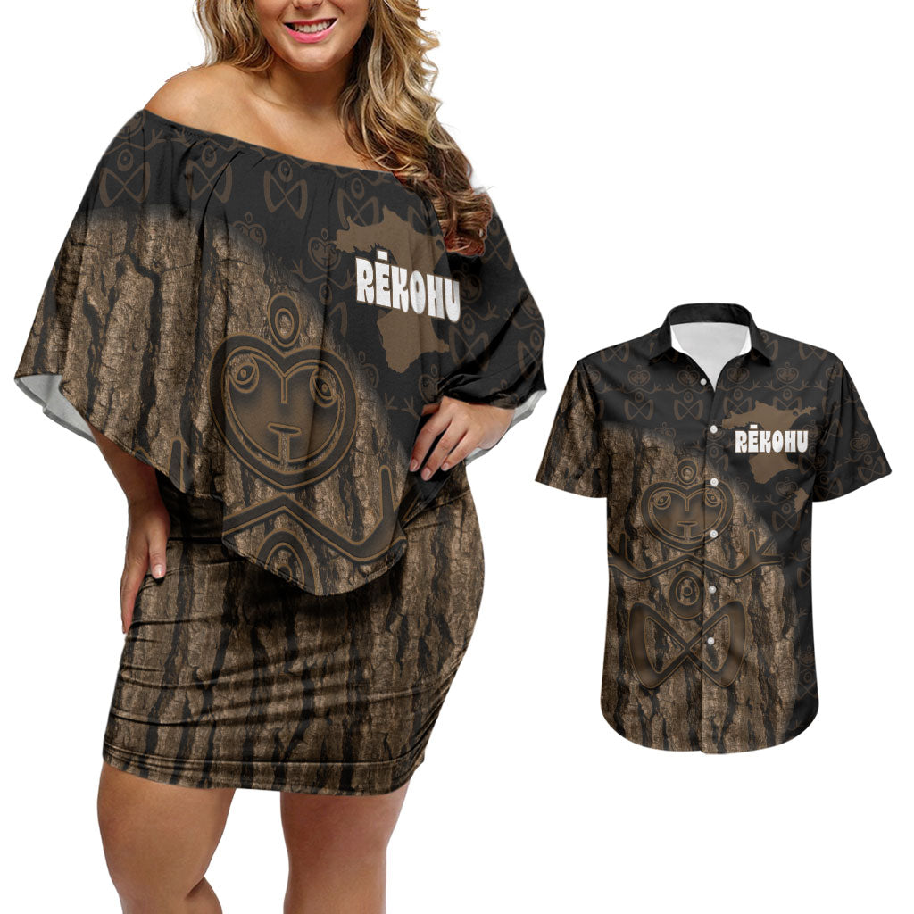Moriori Kekoru New Zealand Personalised Couples Matching Off Shoulder Short Dress and Hawaiian Shirt Kopi Rakau Carving Chatham Islands Map
