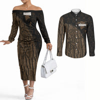 Moriori Kekoru New Zealand Personalised Couples Matching Off The Shoulder Long Sleeve Dress and Long Sleeve Button Shirt Kopi Rakau Carving Chatham Islands Map