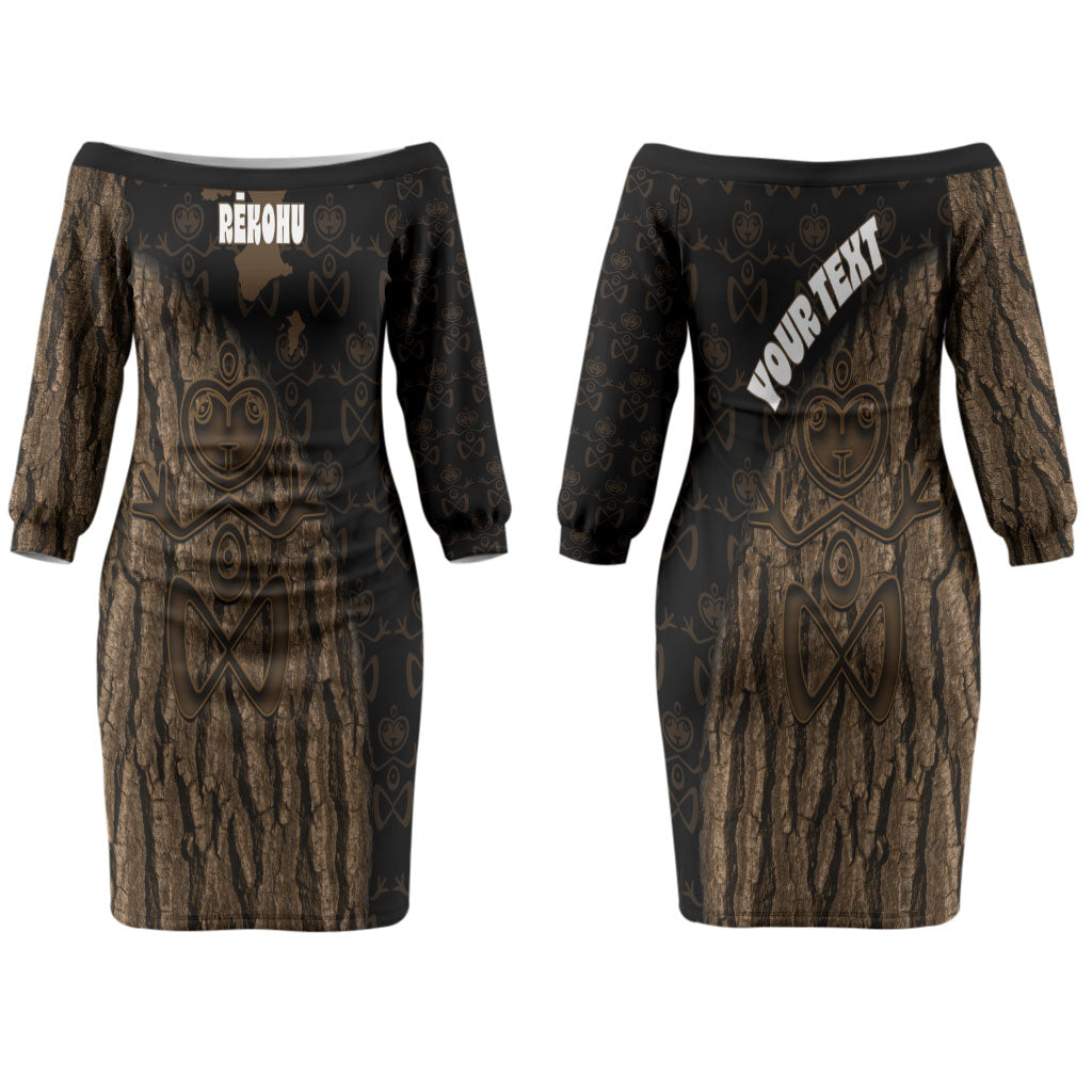 Moriori Kekoru New Zealand Personalised Couples Matching Off The Shoulder Long Sleeve Dress and Long Sleeve Button Shirt Kopi Rakau Carving Chatham Islands Map