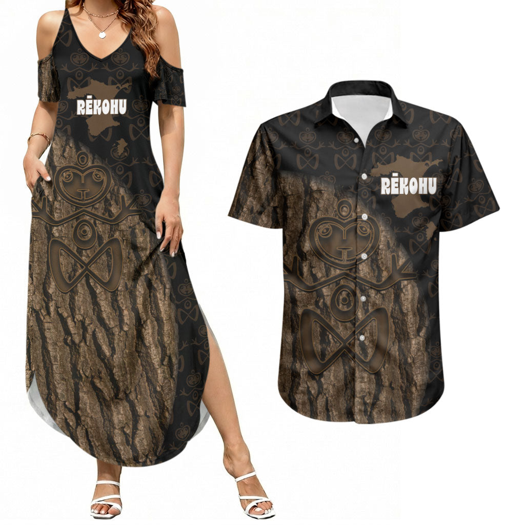 Moriori Kekoru New Zealand Personalised Couples Matching Summer Maxi Dress and Hawaiian Shirt Kopi Rakau Carving Chatham Islands Map