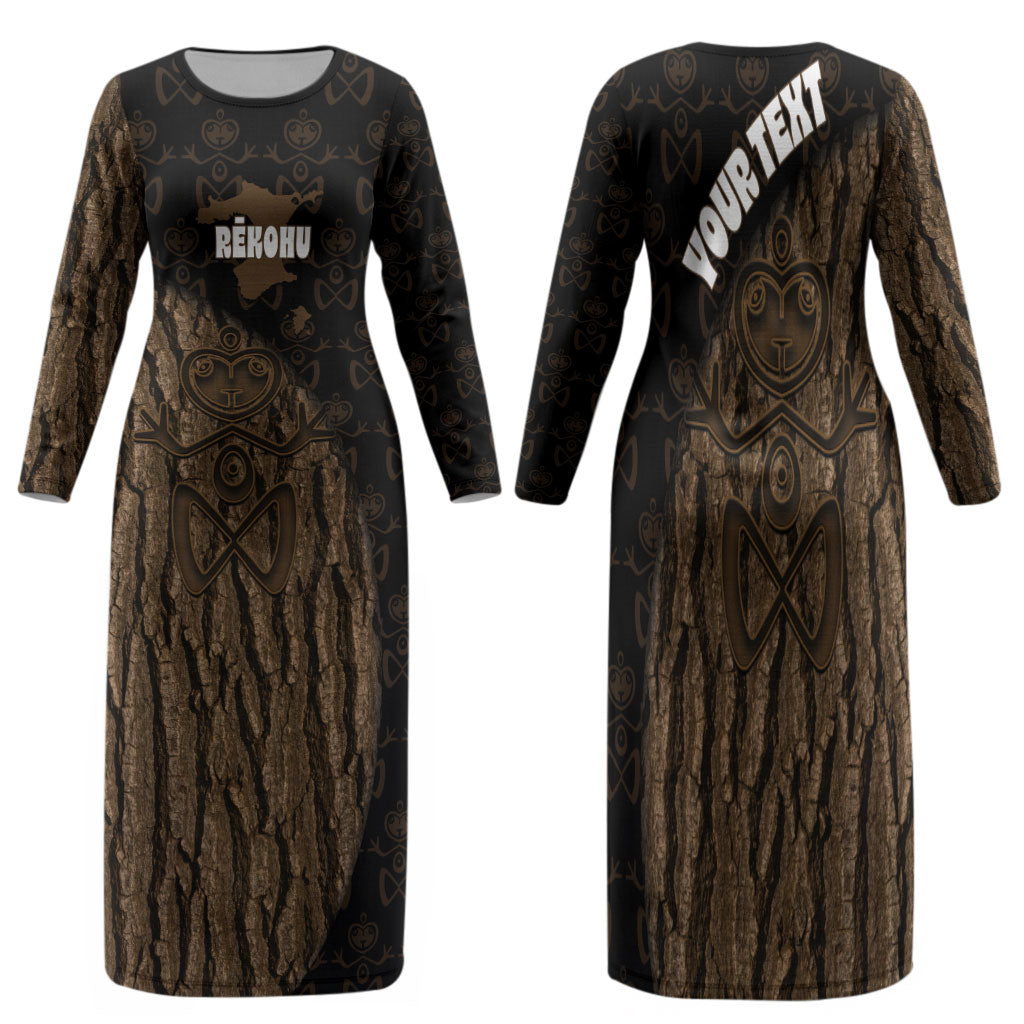 Moriori Kekoru New Zealand Personalised Family Matching Long Sleeve Bodycon Dress and Hawaiian Shirt Kopi Rakau Carving Chatham Islands Map